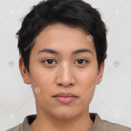 Neutral asian young-adult female with short  brown hair and brown eyes