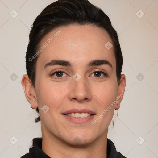 Joyful white young-adult male with short  brown hair and brown eyes