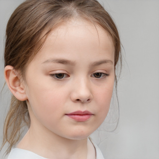 Neutral white child female with medium  brown hair and grey eyes