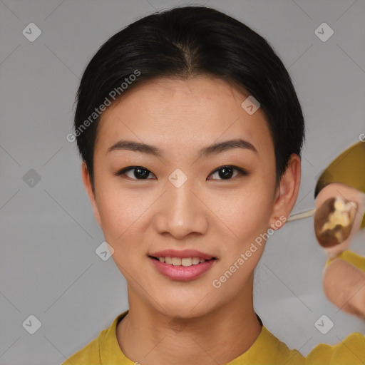 Joyful white young-adult female with short  black hair and brown eyes