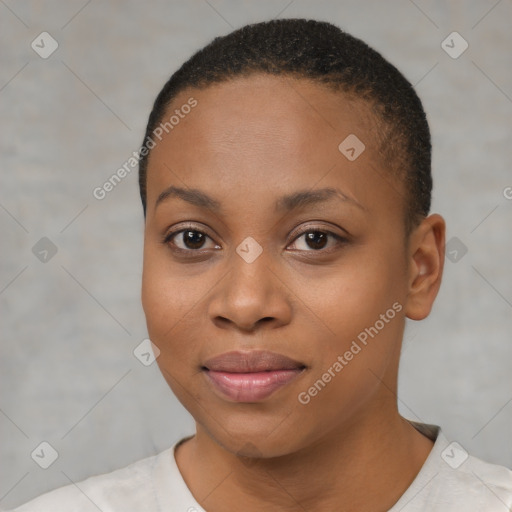 Joyful black young-adult female with short  brown hair and brown eyes