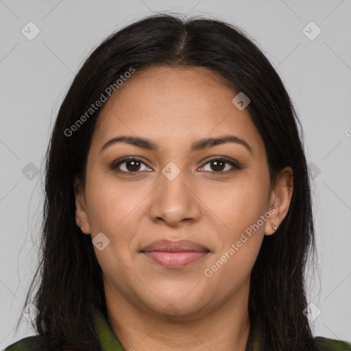 Joyful latino young-adult female with long  brown hair and brown eyes