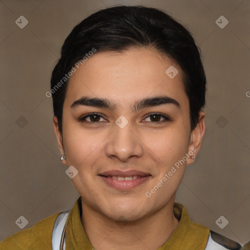 Joyful latino young-adult male with short  brown hair and brown eyes