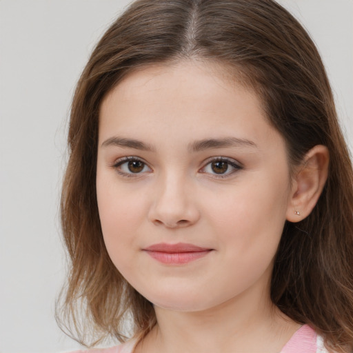 Joyful white child female with medium  brown hair and brown eyes