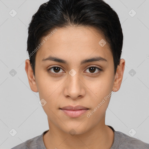 Neutral latino young-adult female with short  brown hair and brown eyes