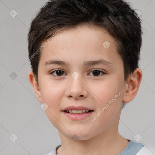 Joyful white child male with short  brown hair and brown eyes