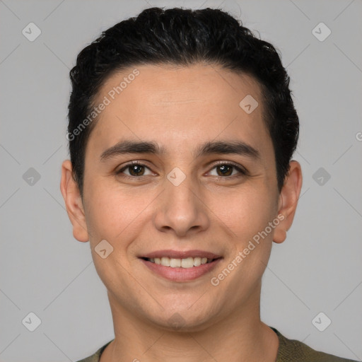 Joyful white young-adult male with short  black hair and brown eyes