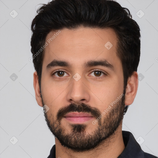 Neutral white young-adult male with short  black hair and brown eyes