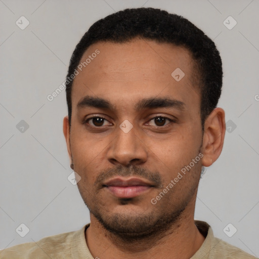 Neutral latino young-adult male with short  black hair and brown eyes