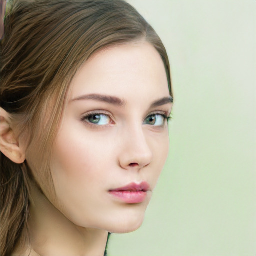 Neutral white young-adult female with medium  brown hair and green eyes