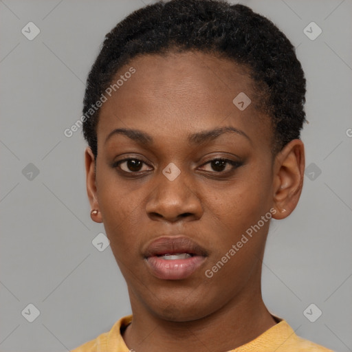 Neutral black young-adult female with short  black hair and brown eyes