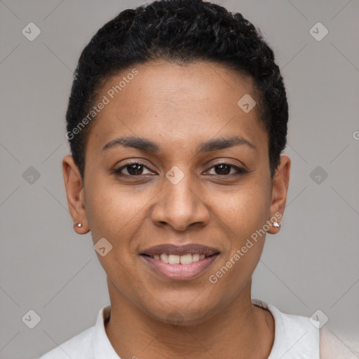 Joyful latino young-adult female with short  black hair and brown eyes