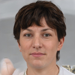 Neutral white adult female with short  brown hair and brown eyes