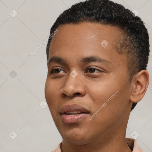 Joyful black young-adult male with short  black hair and brown eyes