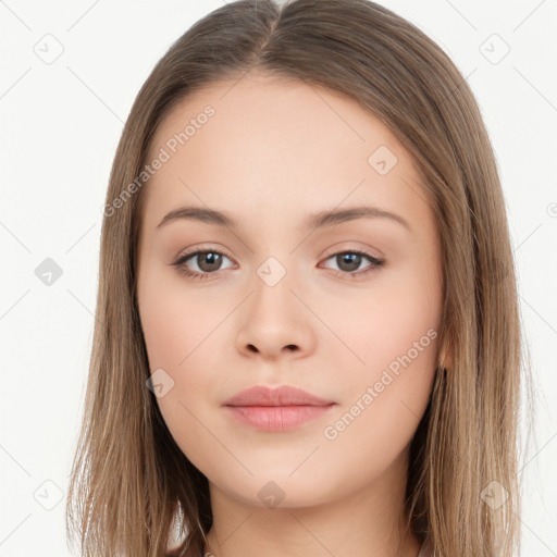 Neutral white young-adult female with long  brown hair and brown eyes