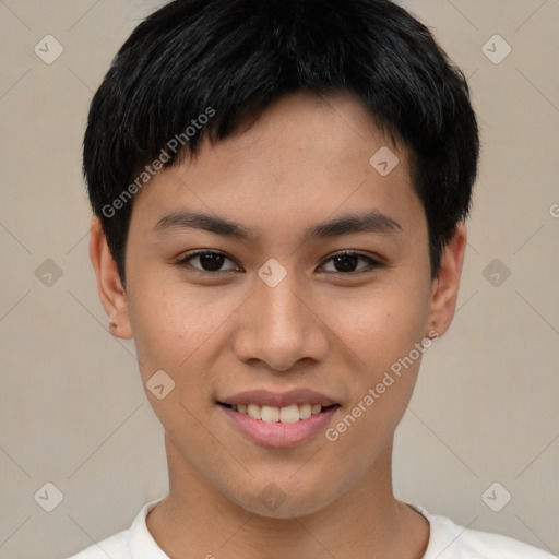 Joyful asian young-adult male with short  black hair and brown eyes