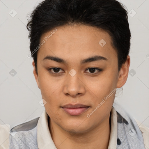 Neutral latino young-adult female with short  brown hair and brown eyes