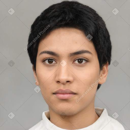 Neutral asian young-adult female with short  black hair and brown eyes