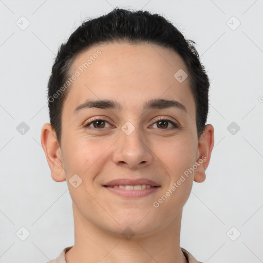 Joyful white young-adult male with short  brown hair and brown eyes