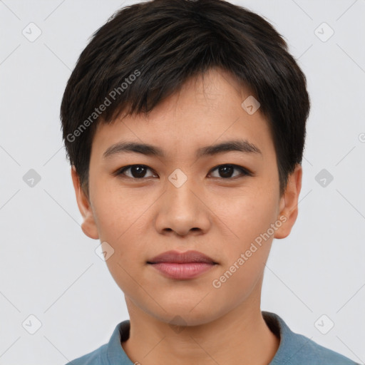 Neutral asian young-adult male with short  black hair and brown eyes