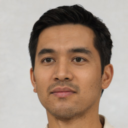 Neutral asian young-adult male with short  black hair and brown eyes