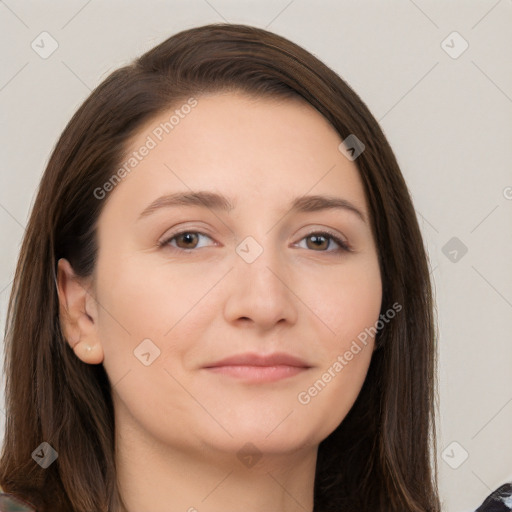 Neutral white young-adult female with long  brown hair and brown eyes