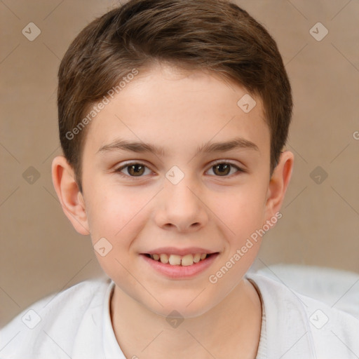 Joyful white child male with short  brown hair and brown eyes