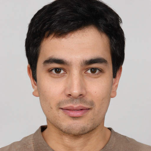 Neutral white young-adult male with short  black hair and brown eyes