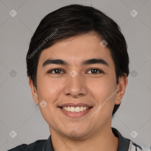 Joyful white young-adult male with short  black hair and brown eyes