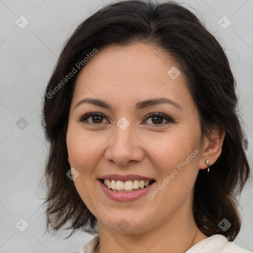 Joyful white young-adult female with medium  brown hair and brown eyes