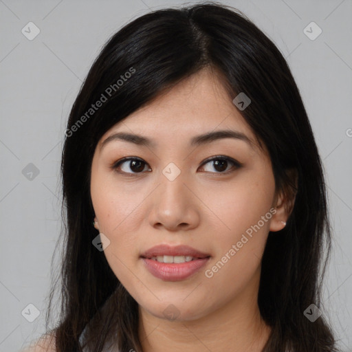 Joyful asian young-adult female with long  brown hair and brown eyes