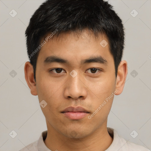 Neutral asian young-adult male with short  black hair and brown eyes