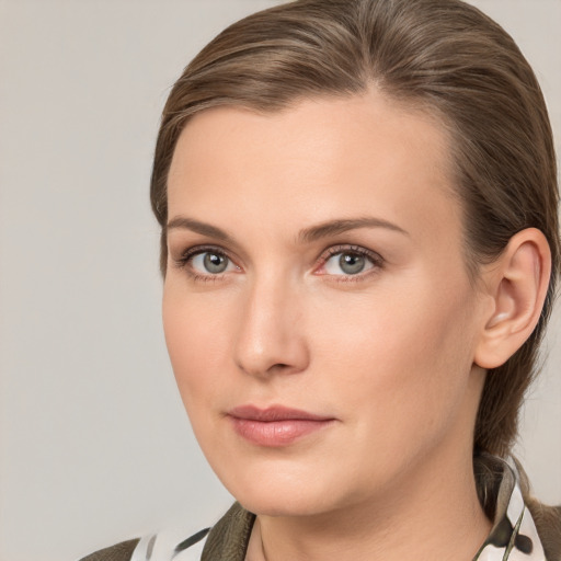 Neutral white young-adult female with medium  brown hair and brown eyes