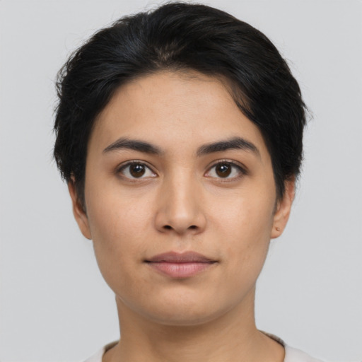 Neutral asian young-adult female with short  black hair and brown eyes