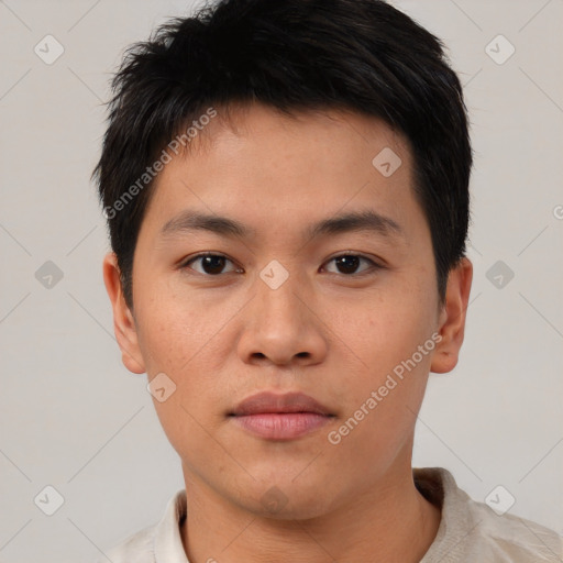 Neutral asian young-adult male with short  brown hair and brown eyes