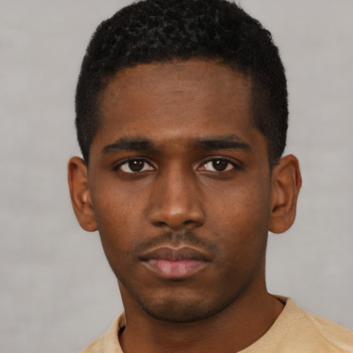 Neutral black young-adult male with short  black hair and brown eyes