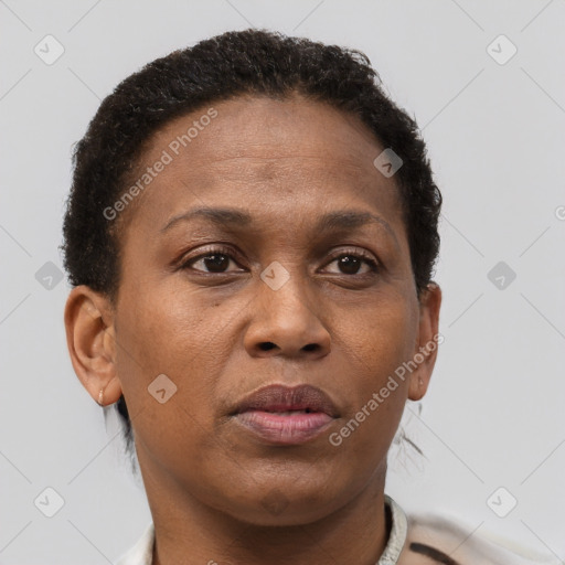 Neutral black adult female with short  brown hair and brown eyes