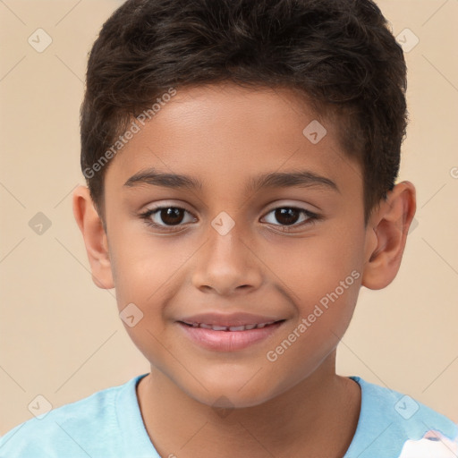 Joyful white child male with short  brown hair and brown eyes