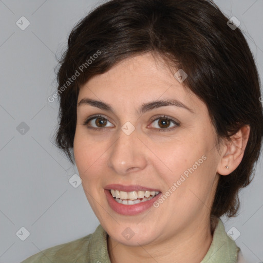 Joyful white young-adult female with medium  brown hair and brown eyes