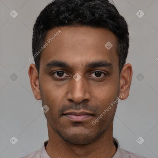 Neutral latino young-adult male with short  black hair and brown eyes