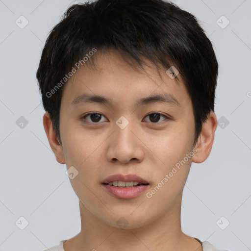 Neutral asian young-adult male with short  brown hair and brown eyes