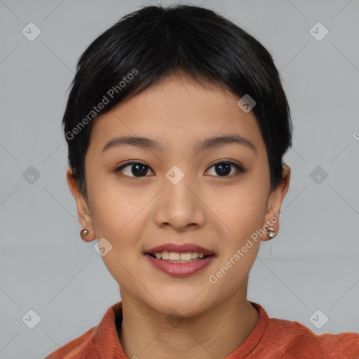 Joyful asian young-adult female with short  brown hair and brown eyes