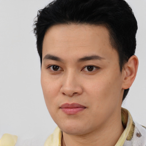 Joyful asian young-adult male with short  black hair and brown eyes