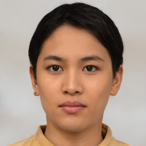 Neutral asian young-adult female with short  black hair and brown eyes