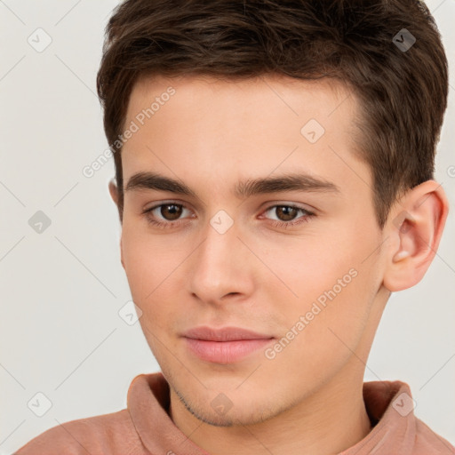 Neutral white young-adult male with short  brown hair and brown eyes