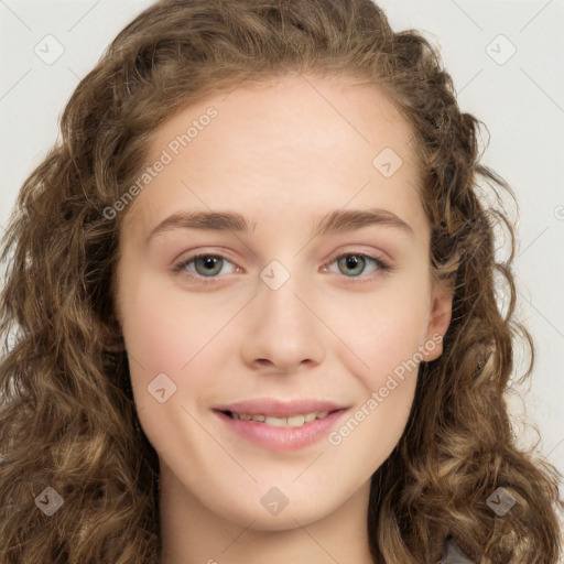 Joyful white young-adult female with long  brown hair and green eyes