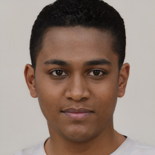 Neutral black young-adult male with short  black hair and brown eyes
