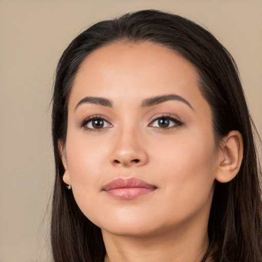 Neutral white young-adult female with long  brown hair and brown eyes