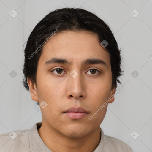 Neutral latino young-adult male with short  brown hair and brown eyes