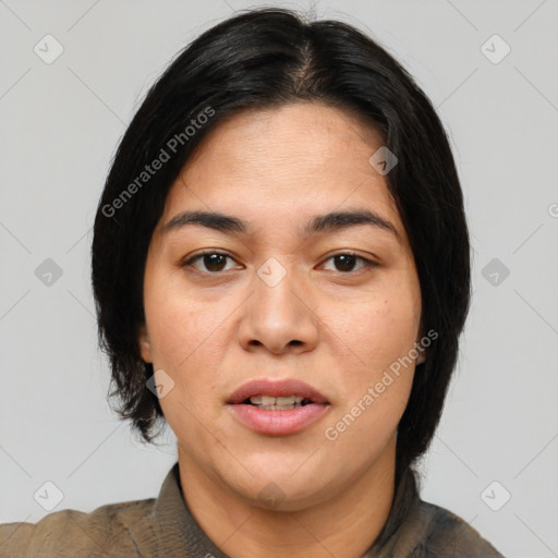 Joyful asian young-adult female with medium  brown hair and brown eyes